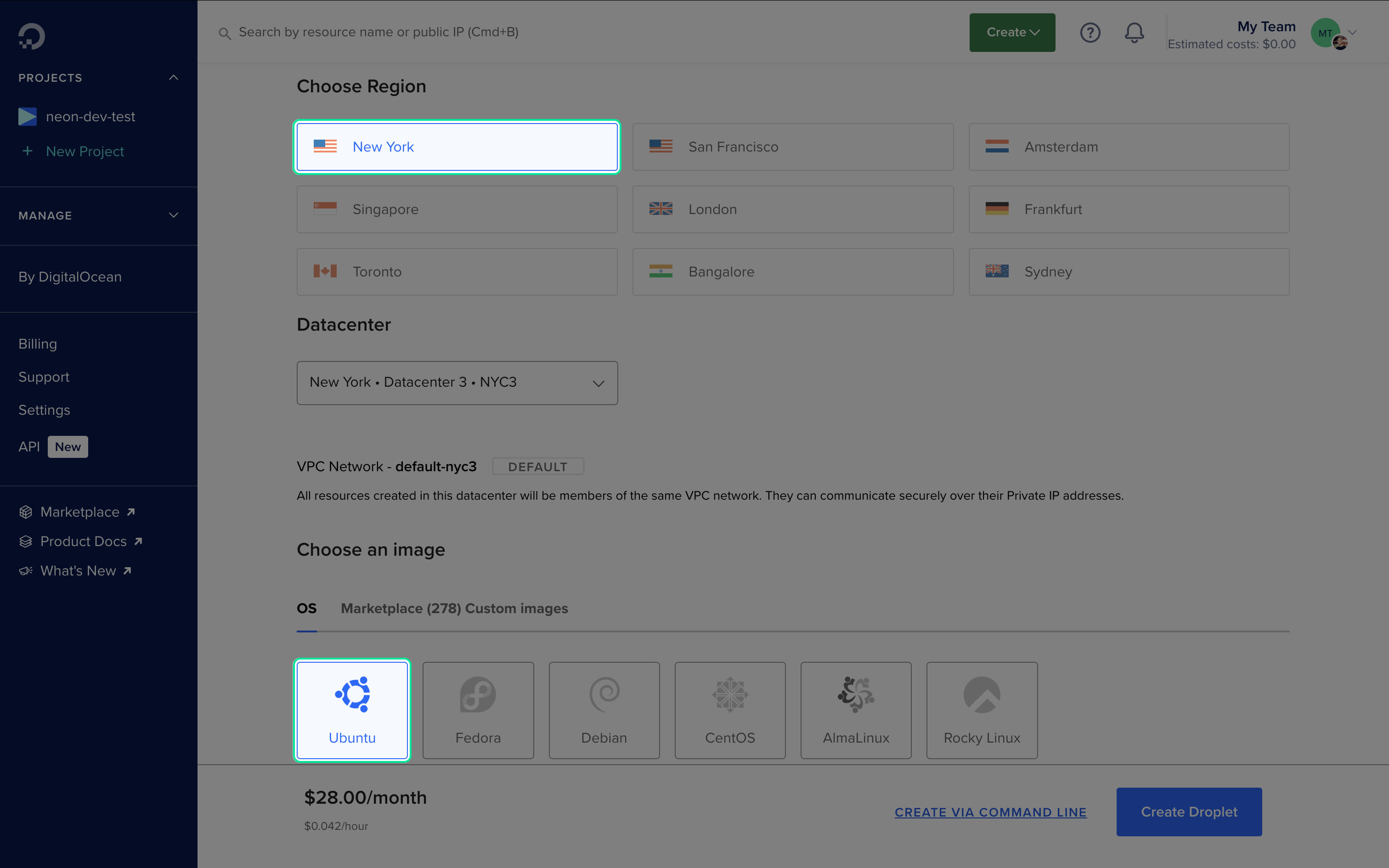 Screenshot of Digital Ocean Droplet Config - Datacenter
